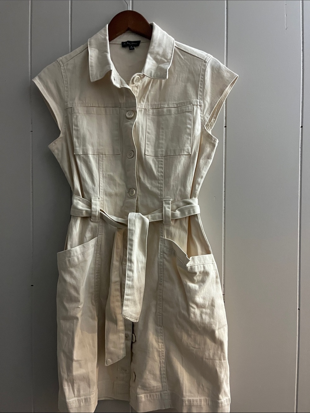 Cream Button-Front Shirt Dress with Belt
